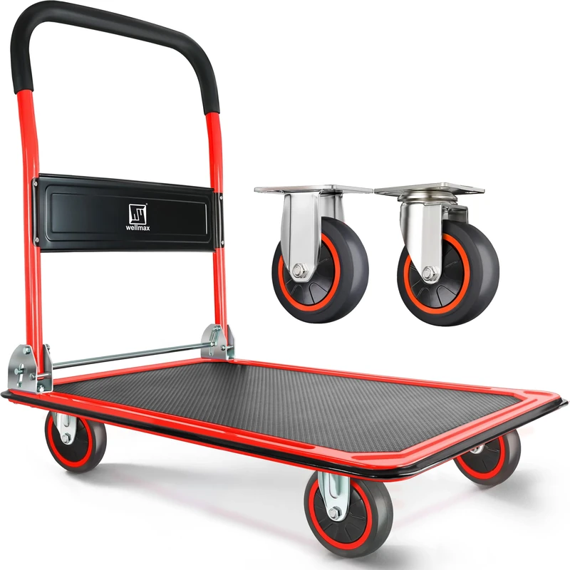 Wellmax Push Cart Dolly by | Functional moving platform + hand truck | Foldable for easy storage + 360-degree swivel wheels + 330lb weight capacity | Red colour
