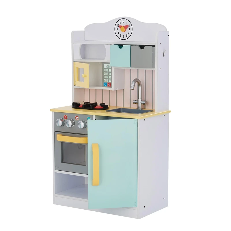 Teamson Kids Little Chef Florence Classic Interactive Wooden Play Kitchen with Accessories and Storage Space for Easy Clean Up, White with Mint Green and Yellow Accents