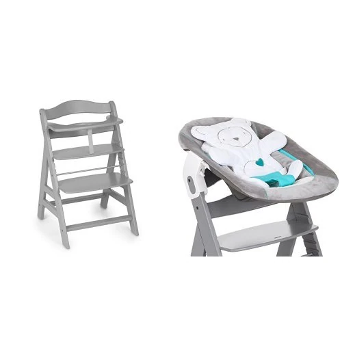 hauck Alpha+ Wooden Highchair - Grey + Alpha Bouncer 2 in 1 Grey