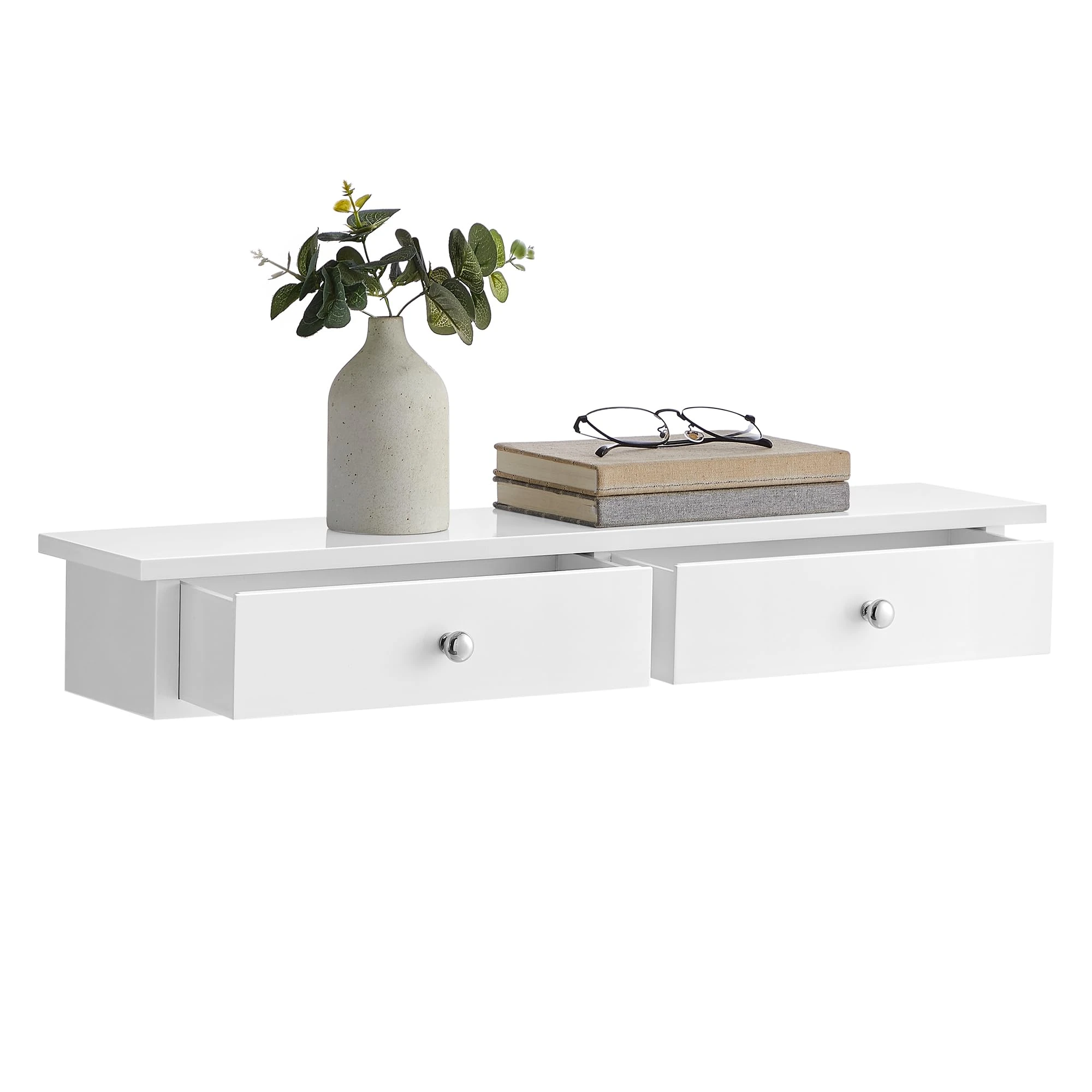 SONGMICS Wall Shelf, Floating Shelf with 2 Drawers, Holds up to 15 kg, 15 x 65 x 10 cm, for Hallway, Living Room, Office, Easy Installation, Space Saving, Modern Style, White LWS65WT