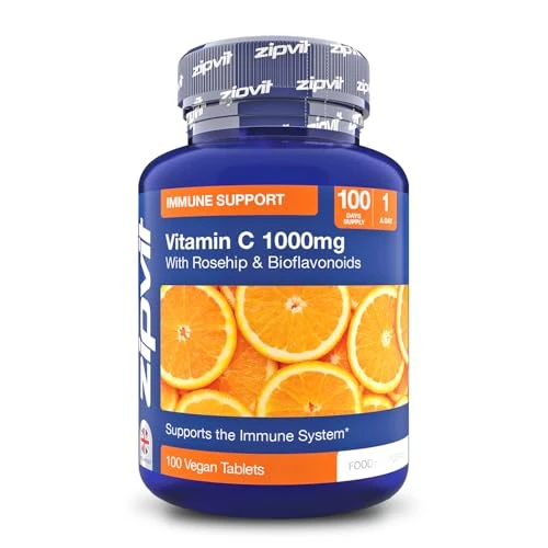 Vitamin C 1000mg, 100 High Strength Vitamin C Tablets with Rosehip & Bioflavonoids, Vegan Supplement, Supports The Immune System and Reduction of Tiredness and Fatigue.