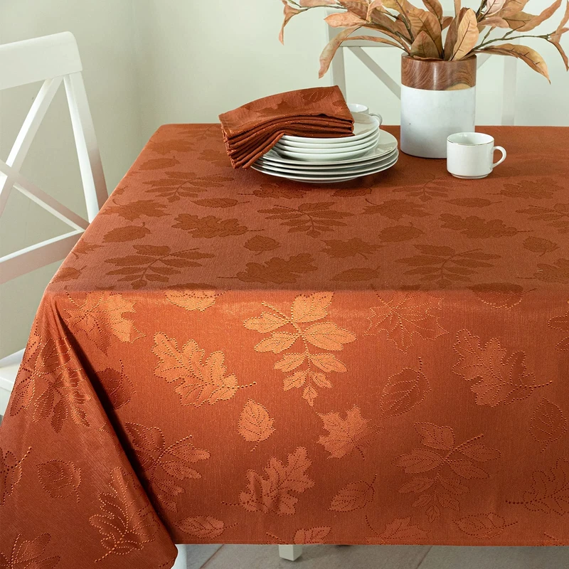 Benson Mills Harvest Legacy Damask Fabric Table Cloth Fall, Harvest, and Thanksgiving Tablecloth (Rust/Burnt Orange, 60" x 140" Rectangular)