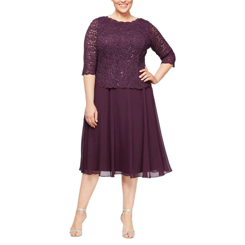 Alex Evenings Women's Tea Length Embroidered Bodice, Mother of The Bride Dress, Wedding Guest, (Petite and Regular Sizes) Special Occasion, Deep Plum, 14