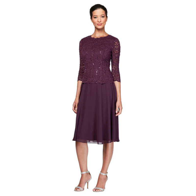 Alex Evenings Women's Tea Length Sequin Mock Dress (Petite and Regular) Special Occasion, Deep Plum, 16