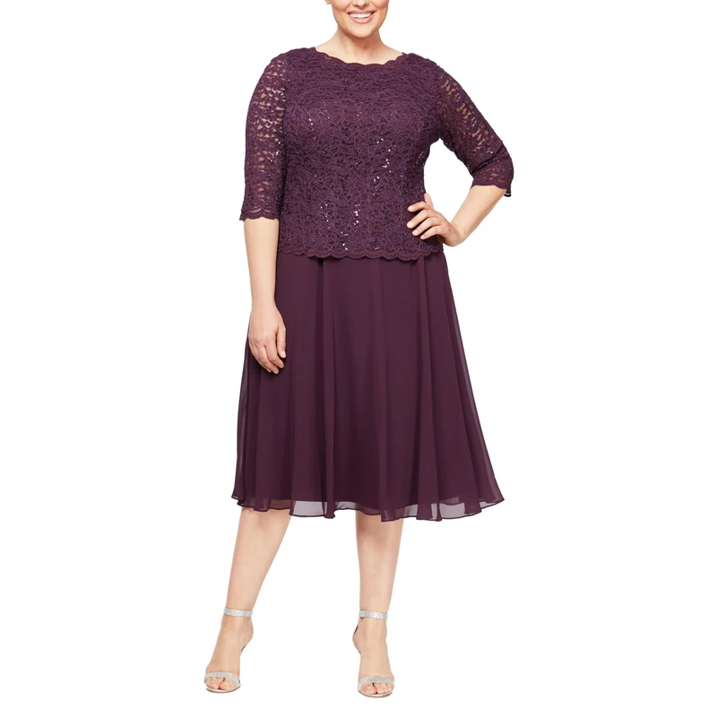 Alex Evenings Women's Plus Size Tea Length Lace Mock Dress Special Occasion, Deep Plum, 26