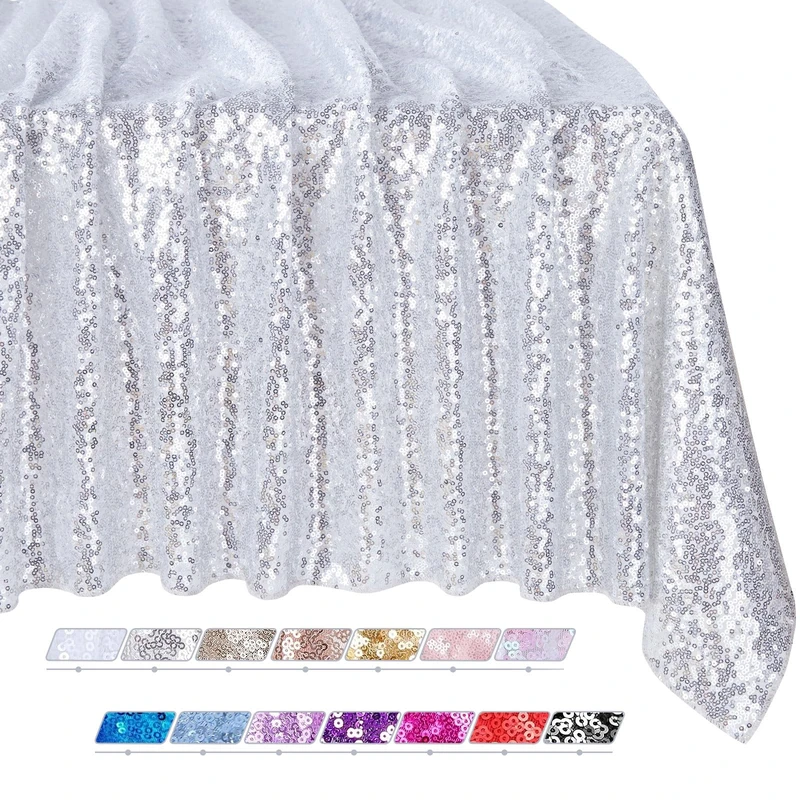 QueenDream Tablecloth 90x156 Rectangle Sequin Tablecloth Silver Wedding Table Linens Glitter Birthday Bridal Party Indoor Outdoor Decorations