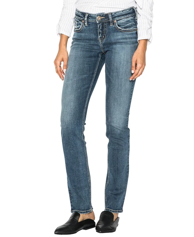 Silver Jeans Co. Women's Suki Mid Rise Straight Leg Jeans, Medium Sandblast, 28W x 34L