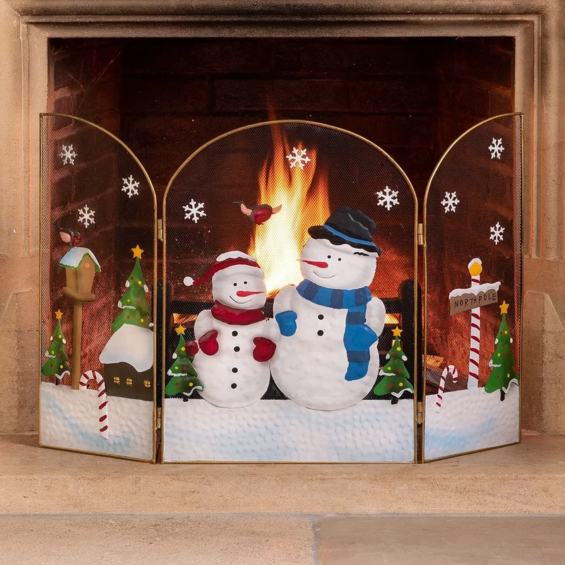 Christow Christmas Fireguard Fireplace Screen, Arched Metal Mesh Fire Screen H49cm (Snowman)