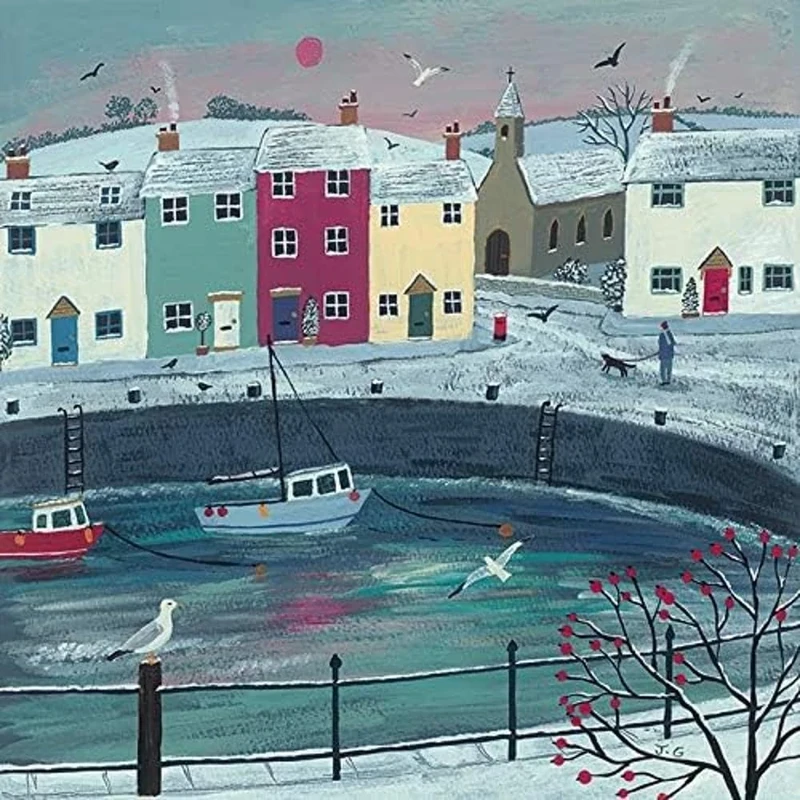 Art Group WDC98269 The Jo Grundy (A Walk Round Winter Harbour) -Canvas Print 85 x 85cm, Wood, Multicolour, 85 x 85 x 1.3 cm