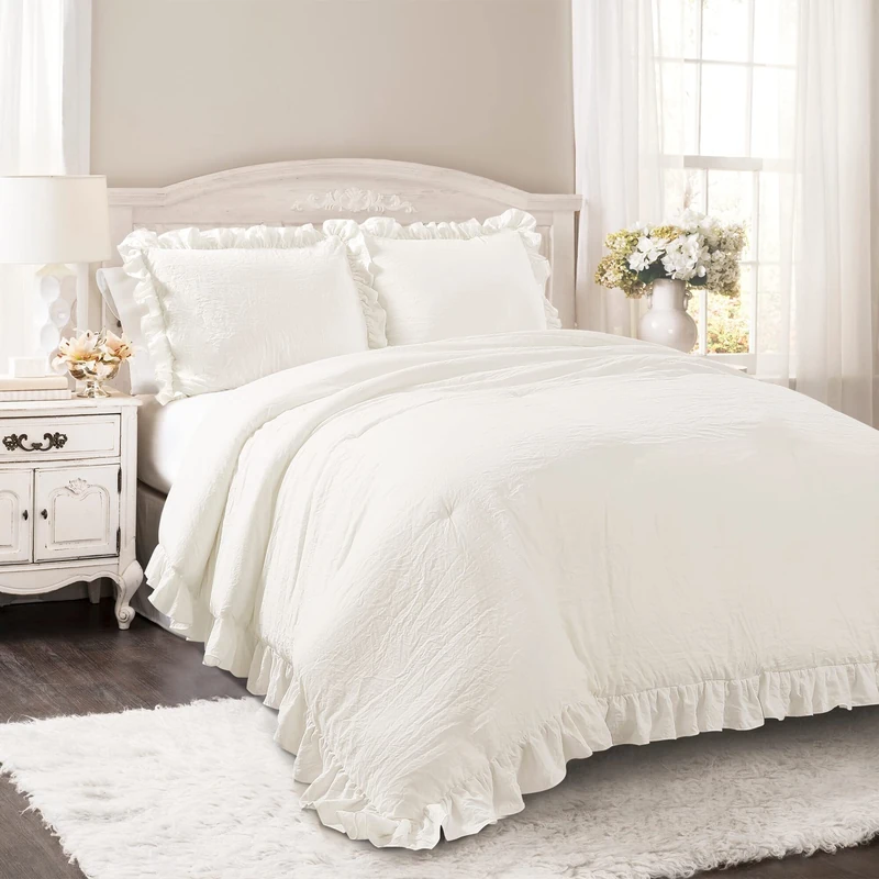 Lush Decor Reyna Ruffle Comforter Set - 3 Piece Cozy Ruffled Bedding Set - Timeless Elegance and Comfort for Dorm Room - Full/Queen, White