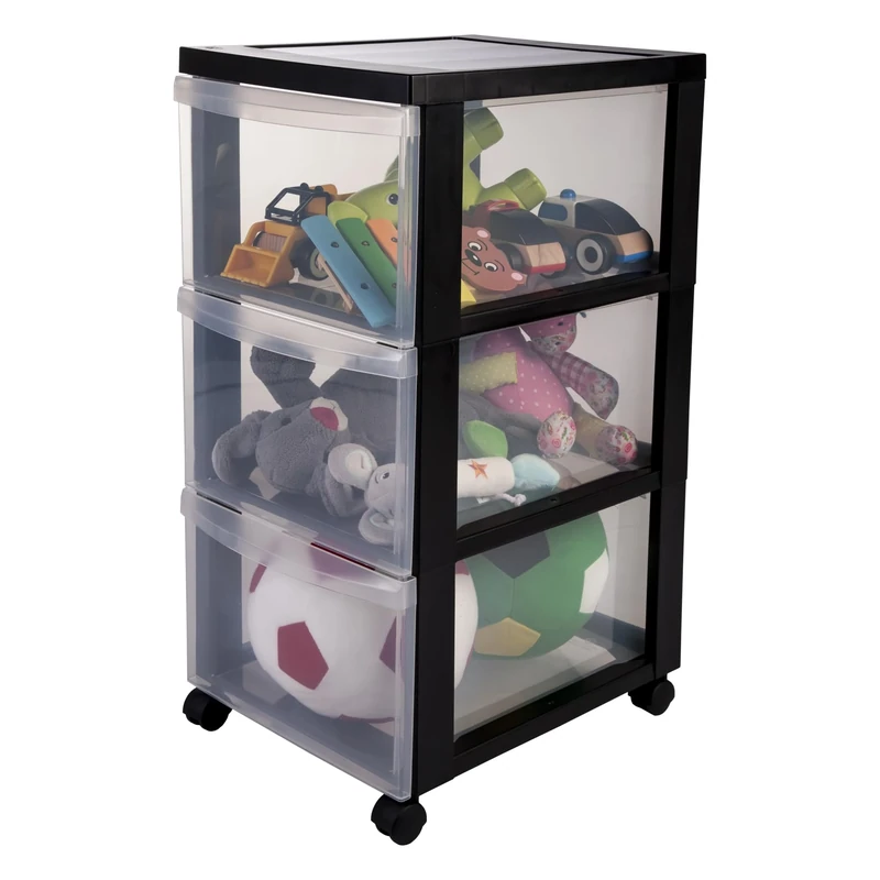Iris Ohyama, Plastic Drawers Storage Unit, Plastic Storage Drawers, A4 Format & 4 Wheels, H61.5cm/3 Drawers, BPA Free, Black, W40 x D29 x H61.5cm, DC-303
