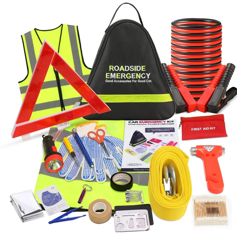 Emergency Breakdown Kit, 76 in 1 Multifunctional Roadside Assistance Car Breakdown Kit with Jumper Cables, Tow Rope, Triangle, Flashlight, Safety Hammer, etc