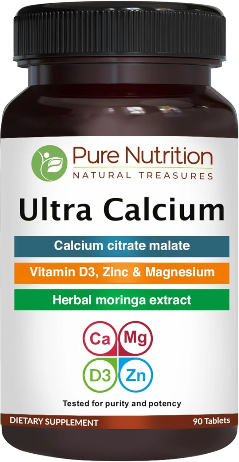 Pure Nutrition Ultra Calcium Citrate Malate | 1000mg Highly absorbable Calcium Supplement with Citrate Malate, Vitamin D3, Zinc and Magnesium | Non-GMO | Gluten-Free | 90 Veg Tabs