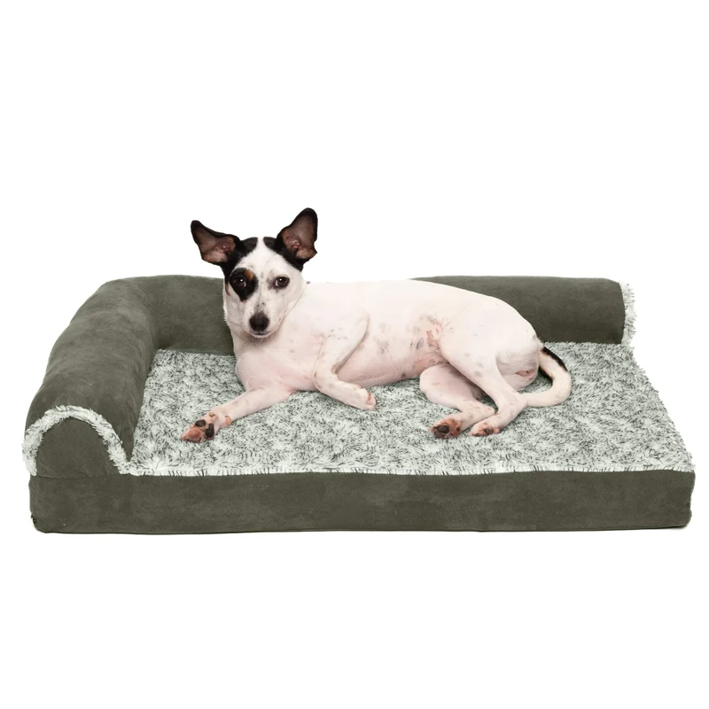 FurHaven Medium Memory Foam Dog Bed Two-Tone Faux Fur & Suede L Shaped Chaise w/Removable Washable Cover - Dark Sage, Medium