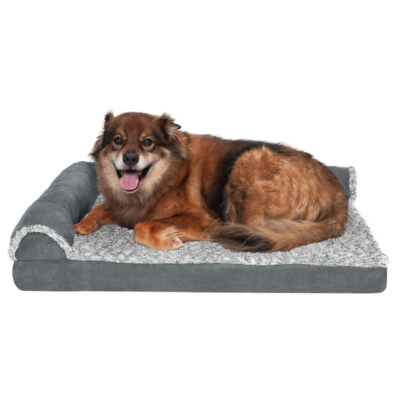 FurHaven Large Memory Foam Dog Bed Two-Tone Faux Fur & Suede L Shaped Chaise w/Removable Washable Cover - Stone Gray, Large