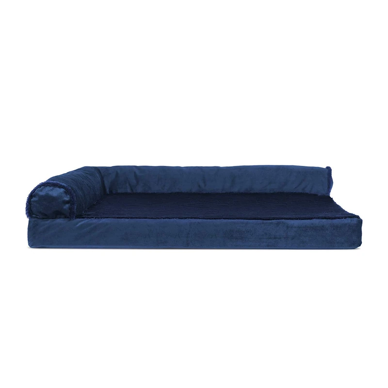 FurHaven Cooling Gel Dog Bed for Large/Medium Dogs w/Removable Bolsters & Washable Cover, For Dogs Up to 55 lbs - Plush & Velvet L Shaped Chaise - Deep Sapphire, Large