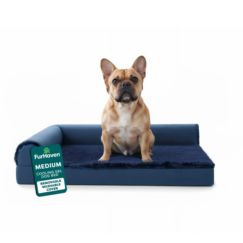 Furhaven Cooling Gel Dog Bed for Medium/Small Dogs w/Removable Bolsters & Washable Cover, For Dogs Up to 35 lbs - Plush & Velvet L Shaped Chaise - Deep Sapphire, Medium