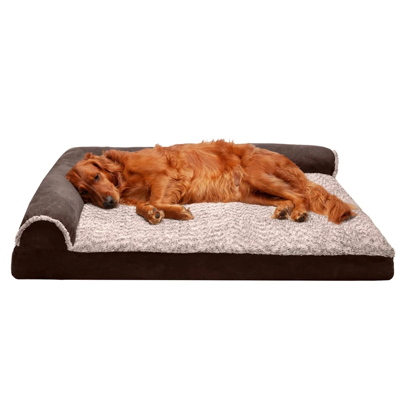 FurHaven Large Memory Foam Dog Bed Two-Tone Faux Fur & Suede L Shaped Chaise w/Removable Washable Cover - Espresso, Large