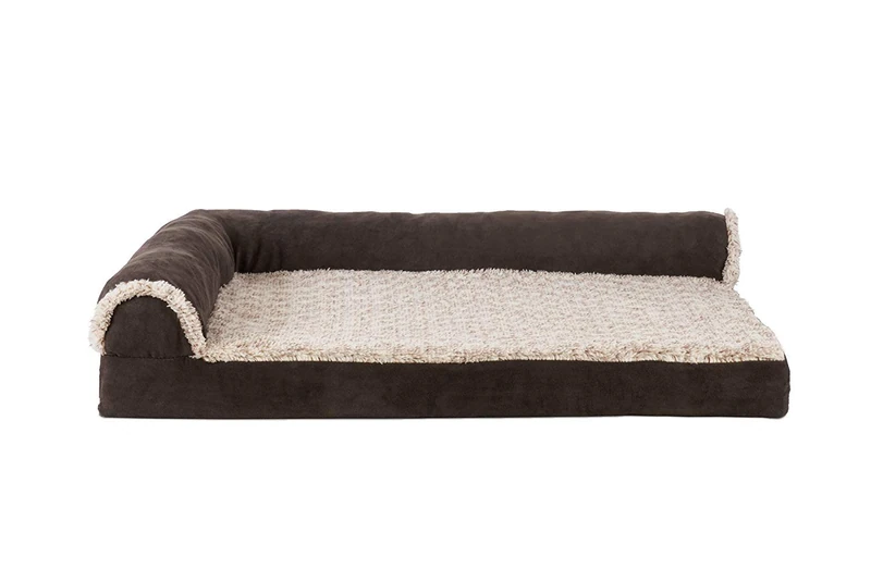 FurHaven Cooling Gel Dog Bed for Medium/Small Dogs w/Removable Bolsters & Washable Cover, For Dogs Up to 35 lbs - Two-Tone Plush Faux Fur & Suede L Shaped Chaise - Espresso, Medium