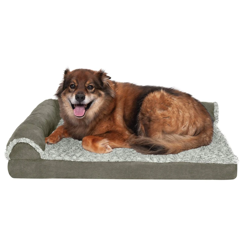 FurHaven Large Memory Foam Dog Bed Two-Tone Faux Fur & Suede L Shaped Chaise w/Removable Washable Cover - Dark Sage, Large