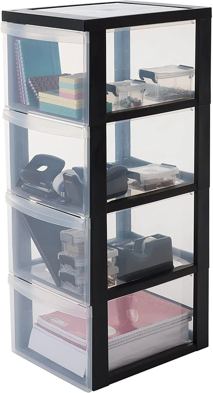 Iris Ohyama, Plastic Drawers Storage Unit, Plastic Storage Drawers, A4 Format & 4 Wheels, H81cm/4 Drawers, BPA Free, Black, W40 x D29 x H81cm, DC-304
