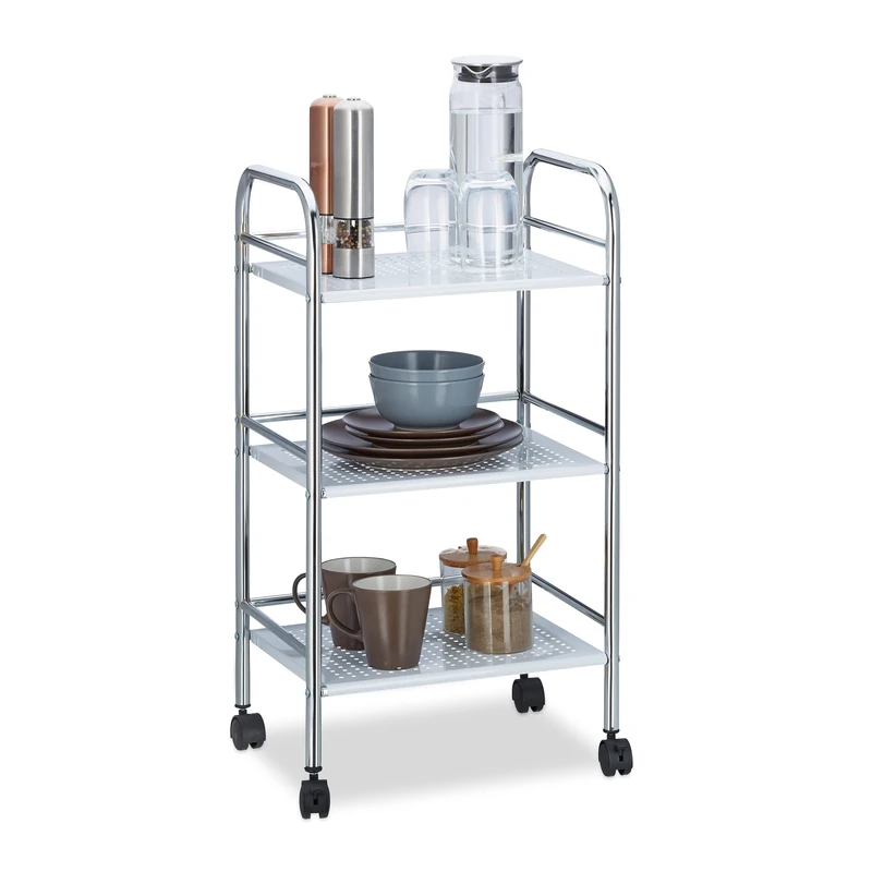 Relaxdays Metal Home Serving Cart with 3 Shelves, Tiers Kitchen Trolley with Handles, Side Cart HxWxD 75x40.5x31 cm, White
