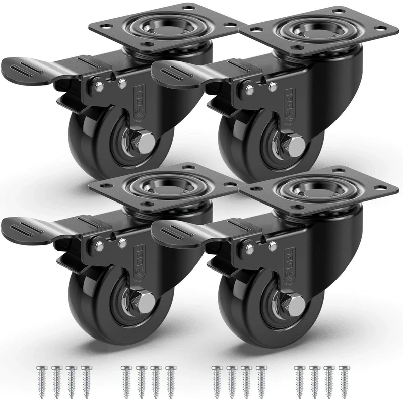 GBL Heavy Duty Castor Wheels with 4 Brakes + Screws - 50mm - 200 kg Load - Set of 4 - No Floor Marks Silent Caster for Moving Furniture - Rubbered Swivel Trolley Wheels - Black Castors