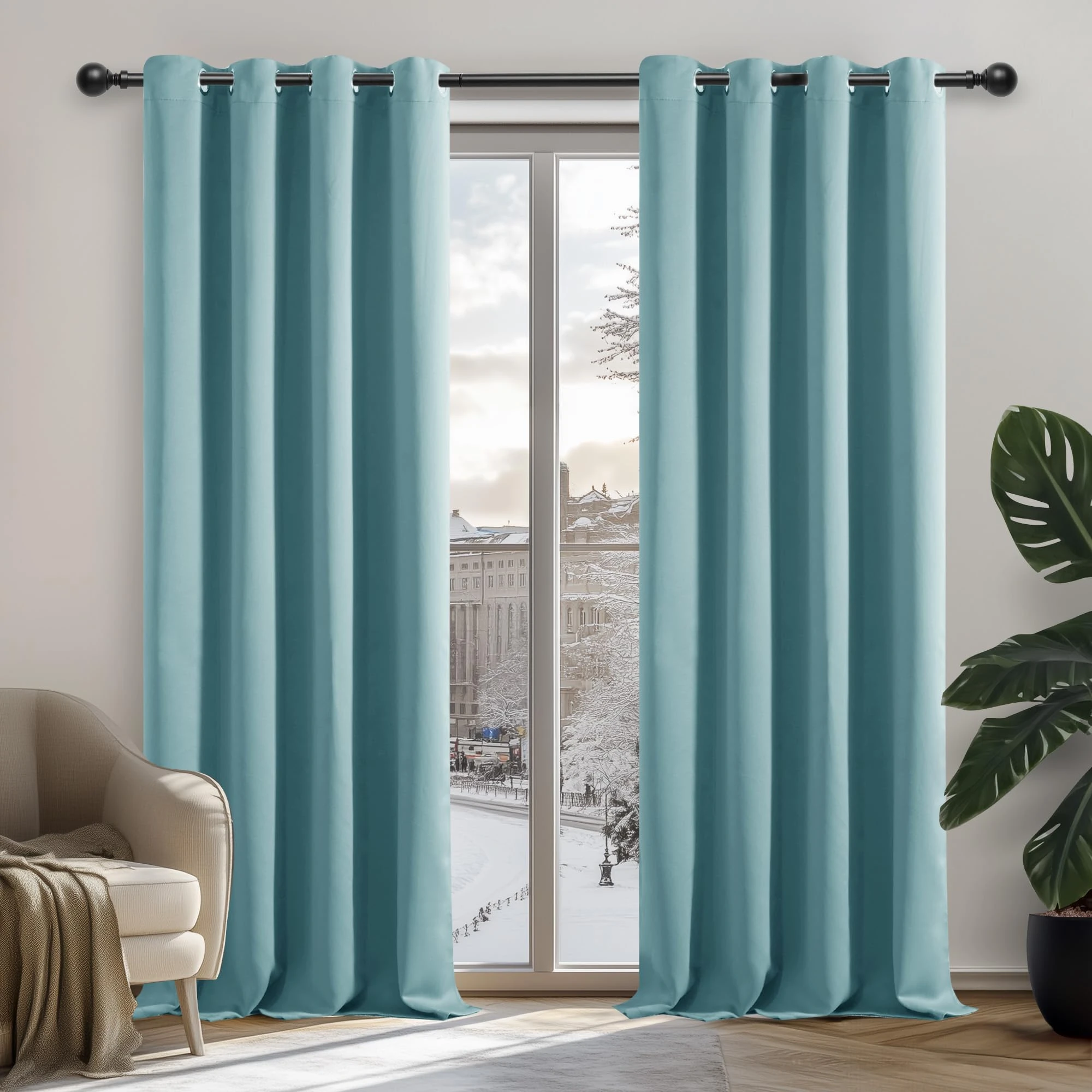Deconovo Eyelet Curtains Thermal Insulated Ring Top Blackout Curtains for Bedroom 140x260cm Sky Blue 1 Pair