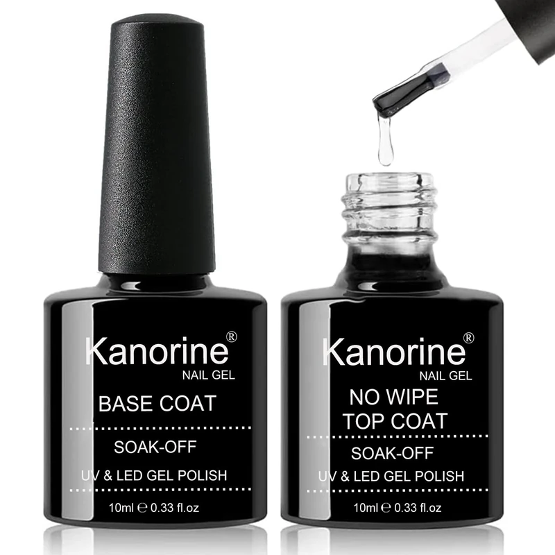 Kanorine Gel Nail Polish Base Coat and No Wipe Top Coat Set, Shine Finish TopCoat and Long Lasting Multi-Functional BaseCoat,Soak-Off UV LED Gel Nail Art Design Manicure New Upgraded 2×10ml