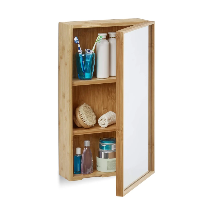 Relaxdays Bathroom Bamboo Mirror Cabinet, 1 Door Hanging Cupboard with Mirror, Assembled Wall-Mounted Cabinet, Natural