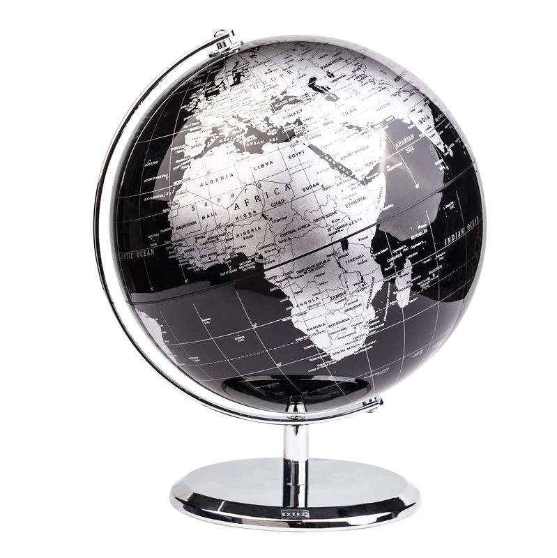 Exerz 20cm World Globe with Metal Base - Metallic Black