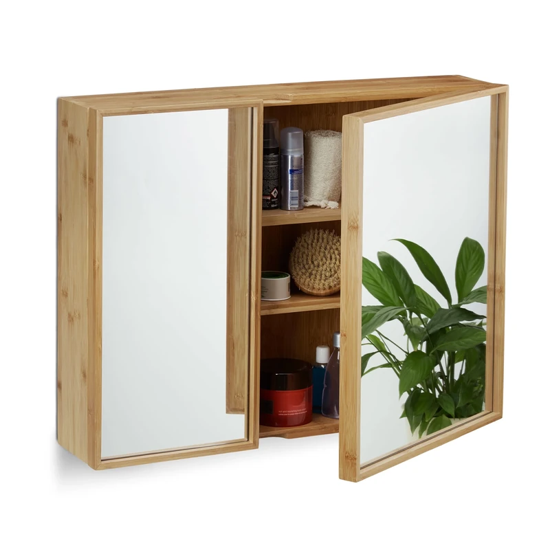 Relaxdays Bathroom Bamboo Mirror Cabinet 2 Doors, Hanging Cupboard, Assembled Wall-Mounted Cabinet H x W x D: 50 x 65 x 14 cm, Natural