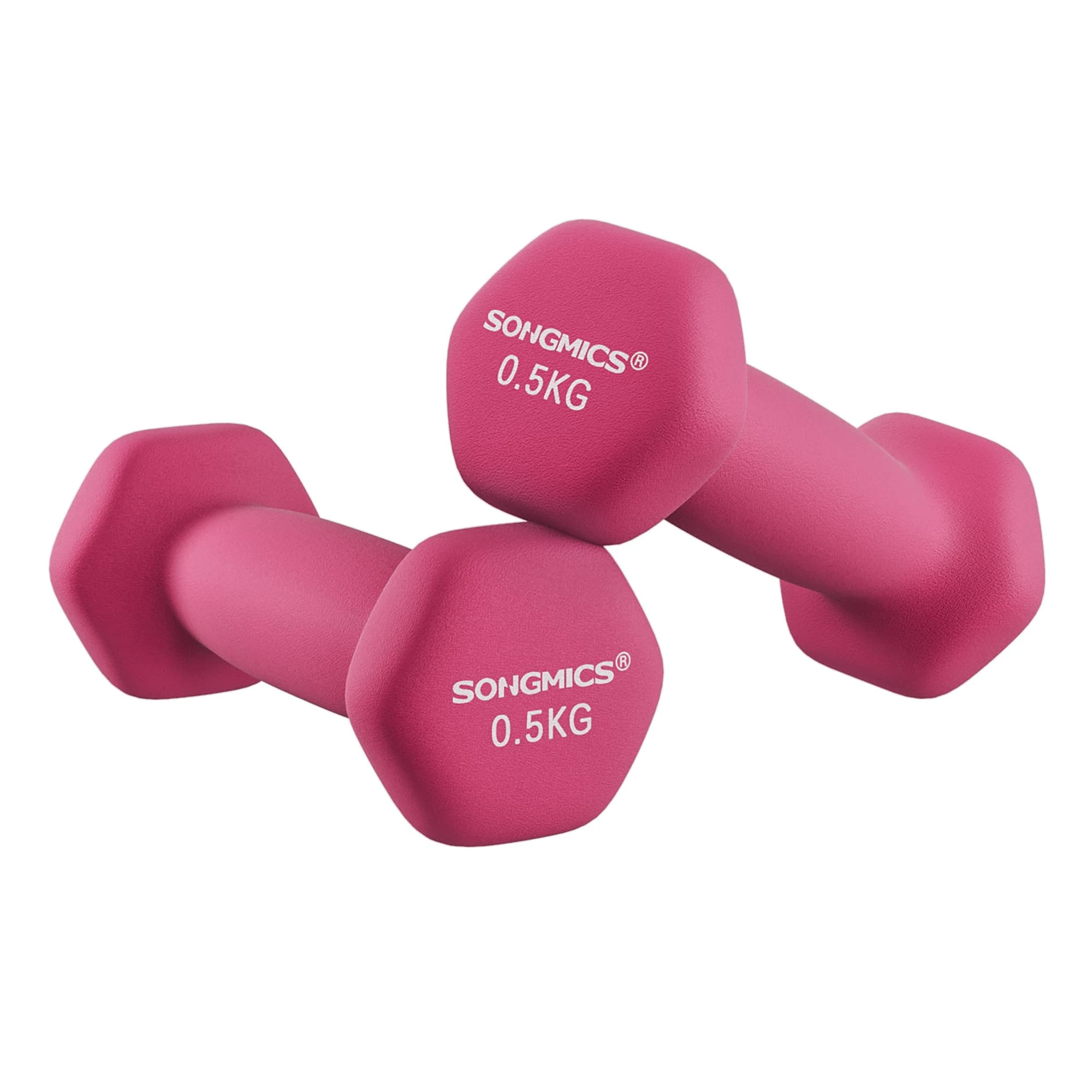 SONGMICS Set of 2 Dumbbells, 2 x 0.5 kg Hand Weights with Neoprene Coating, Hexagonal Dumbbells Pair, Home Workout, Fitness Training Exercise, Pink SYL61PK