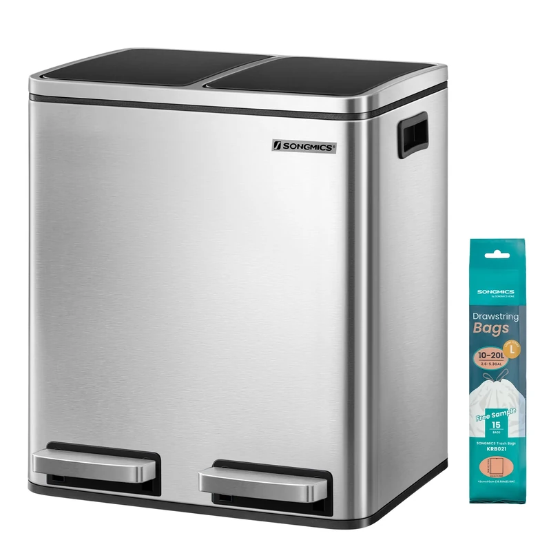 SONGMICS Dual Rubbish Bin, Metal Recycling Bin with 15 Rubbish Bags, 2-Compartment, with Lids, Pedals, Plastic Inner Buckets, Soft Closure, 2 x 4 Gallons (2 x 15 L), Silver and Black LTB030EB02