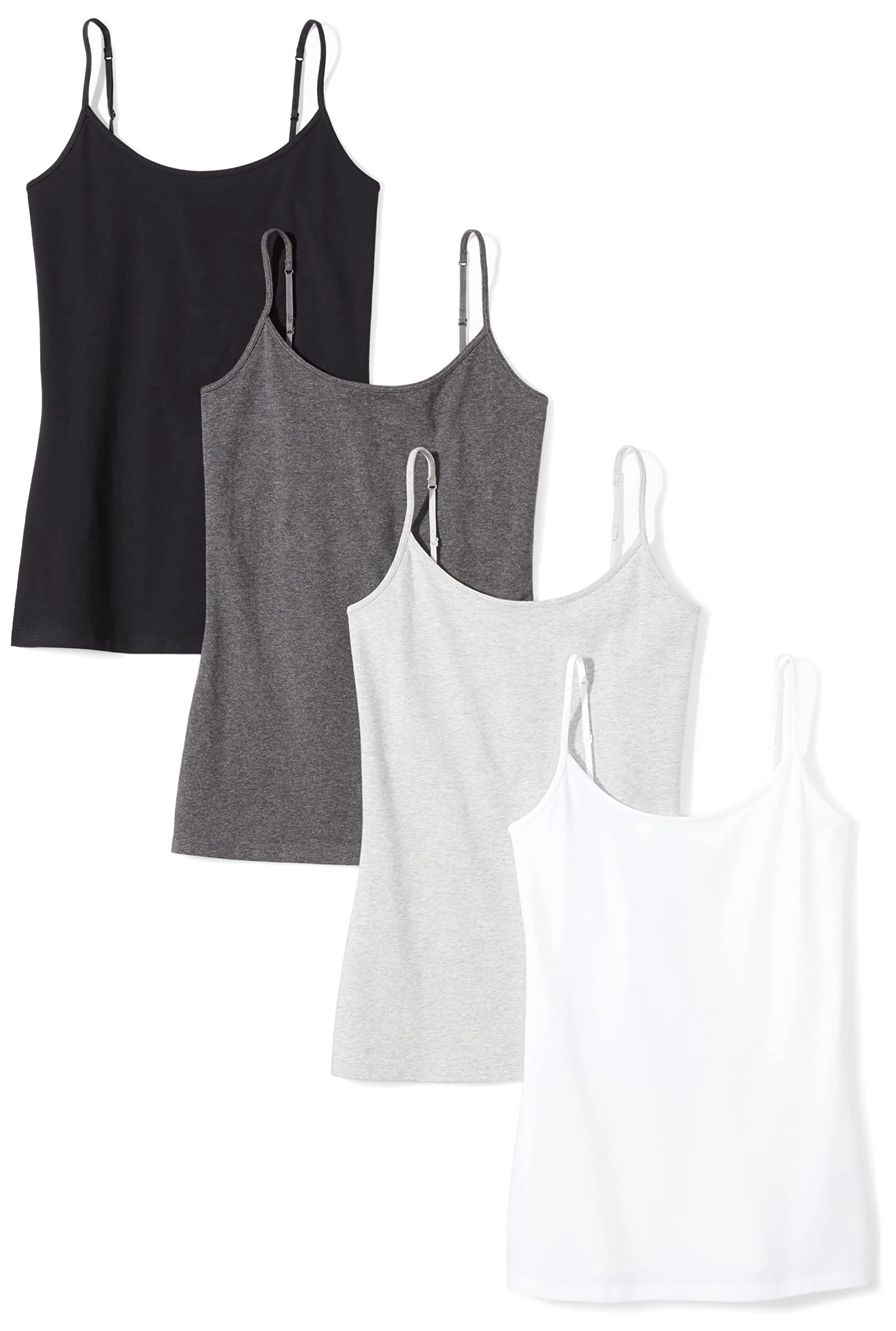 Amazon Essentials Women's Slim-Fit Camisole, Pack of 4, Black/Charcoal Heather/Light Grey Heather/White, M