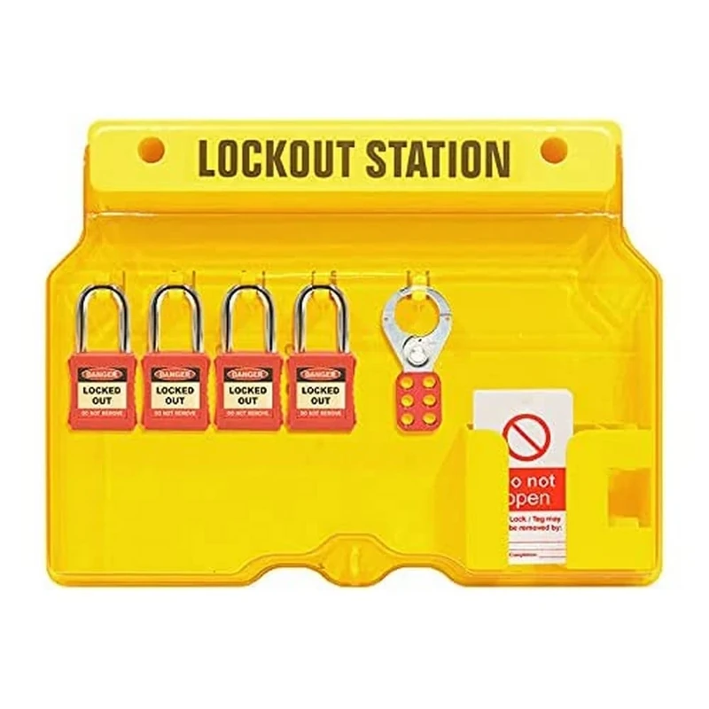 Spectrum IndustrialLockout Tagout Station With 4 Padlocks-1 Hasp-10 Tags, Supplied With Lockable Cover, Yellow, H406 x W315 x D65mm