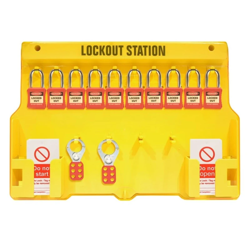 Lockout Tagout Station - Yellow with Protective Cover | Includes 10 Padlocks, 2 Hasps & 20 Tags | Industrial Safety Isolation Station