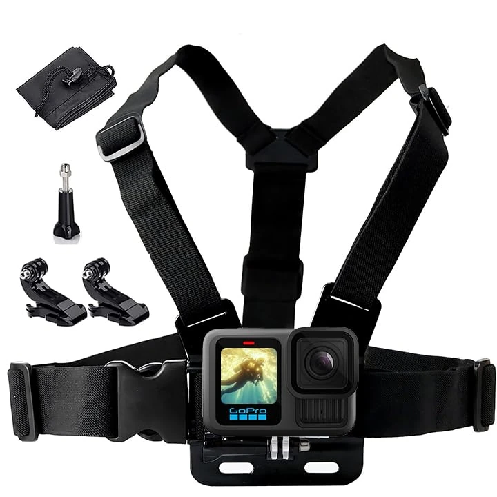Waterproof Chest Mount, Harness, Strap, Compatible with Gopro Hero 13 12 11 10 9 8 7 6 5 4 3 / DJI, AKASO, Apeman, Apexcam & Most Action Cameras, Chest Strap +2 J-Hook, Thumbscrew & Storage Bag