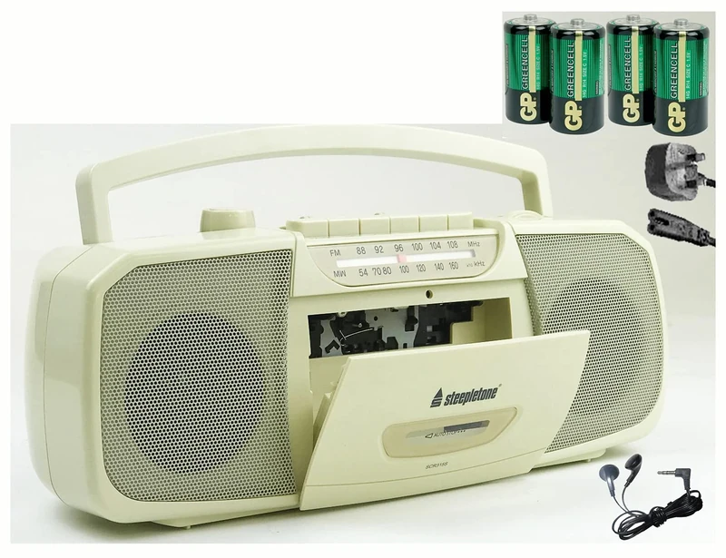 Steepletone STEREO Cassette Tape Recorder (inc BATTERIES + Mains Electric Lead) MW AM/FM Radio, Tape Player with recording facility, Built-In Speakers, MIC In, Carry Handle. Inc: Earphones (Beige)
