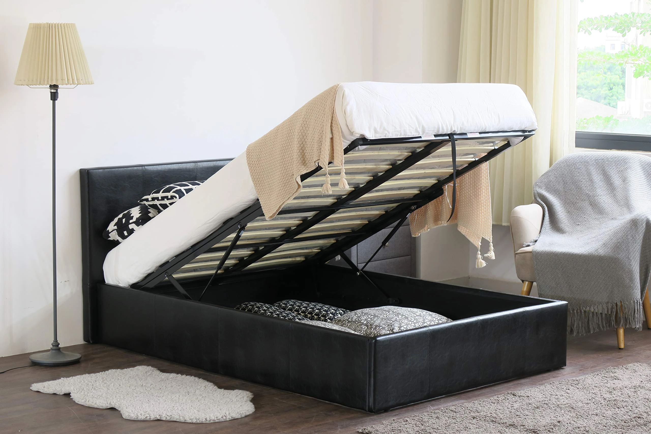 MODERNIQUE Double Ottoman Storage Faux Leather Double Bed Frame (4FT6) Bounce Sprung Slats Base (Black, Double 4FT6)