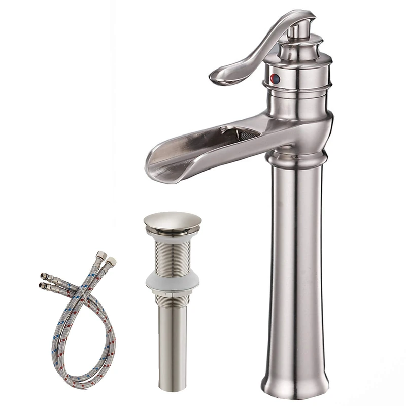 Eyekepper Brushed Nickel Finished Waterfall Single Handle Basin Vanity Sink Vessel Bathroom Faucet Tall Mixer Tap