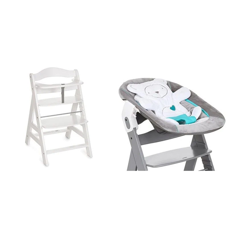 hauck Alpha+ Wooden Highchair - White + Alpha Bouncer 2 in 1 Grey