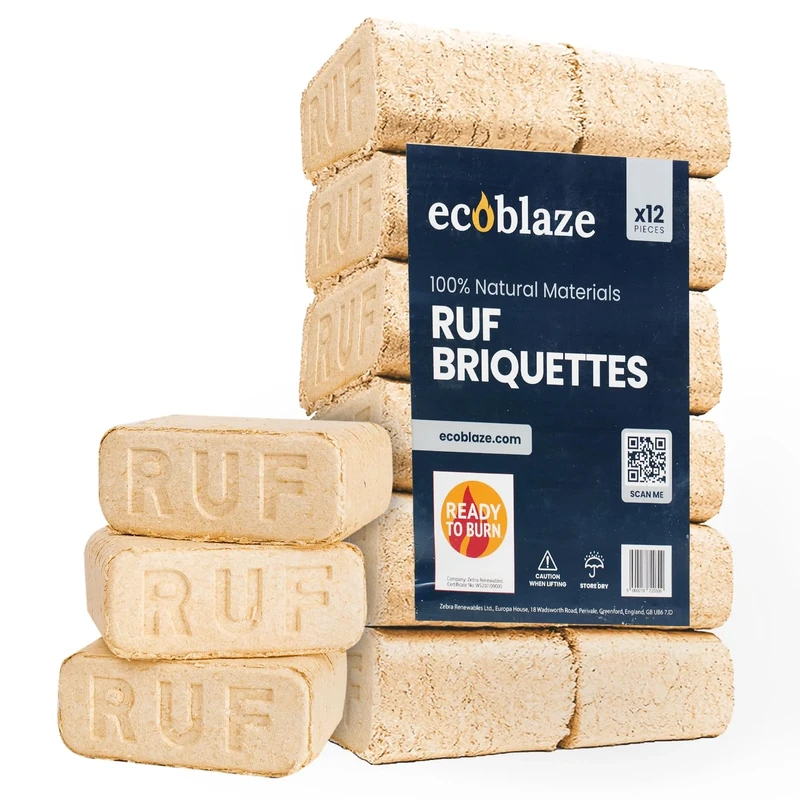 Ecoblaze RUF Fire Blocks | Pack of 12 | Briquettes | Heat Logs | Heat Blocks | Clean, Compressed Organic Hardwood Chips and Shavings | Easy to Use | Ideal for Wood Burners, Log Burners and Firepits