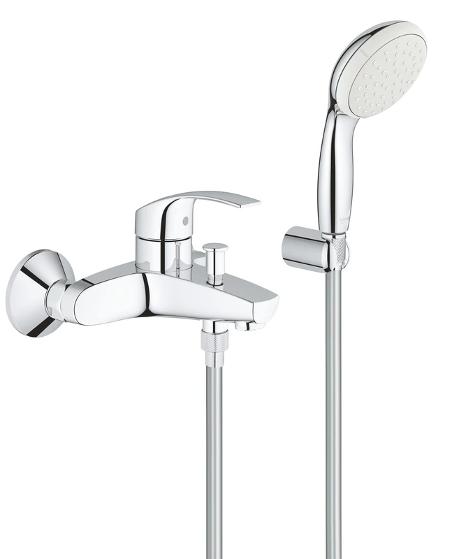 GROHE Eurosmart Single-Lever Bath Mixer, Wall Mounted Tap for The Bathtub with Hand Shower, Hose and Holder Chrome Finish 3330220A