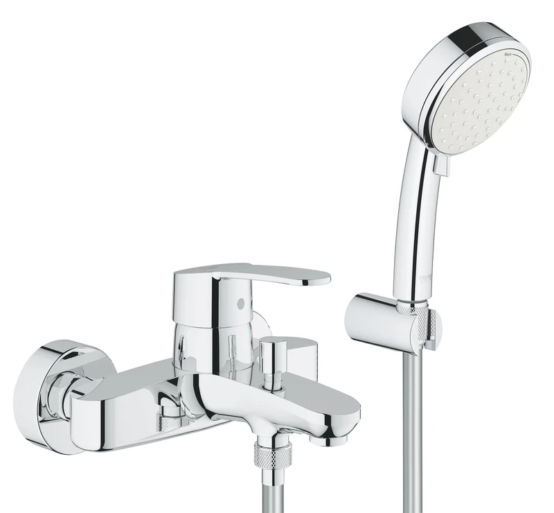GROHE Eurostyle Cosmopolitan Single-Lever Bath Mixer; Chrome Wall-Mounted Tap with 2-Spray Hand Shower, Hose and Holder 3359220A