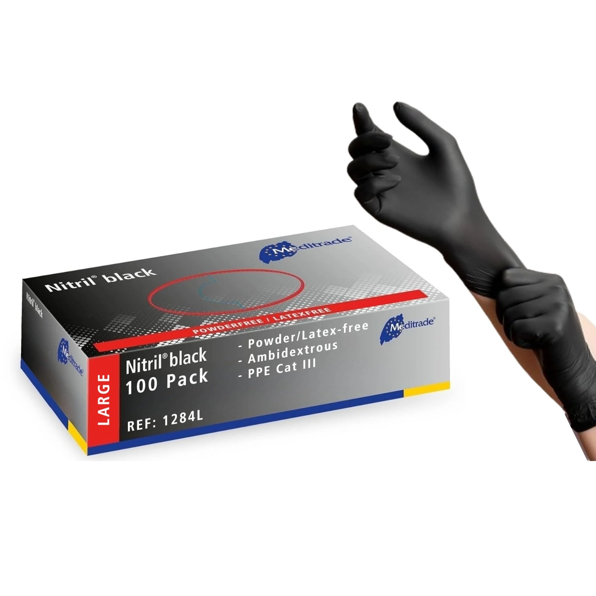 Meditrade Nitril® Black Nitrile Examination Gloves - Powder-Free, Latex-Free, Multi Use Protective Exam Gloves - Size Large - Black - 100pcs