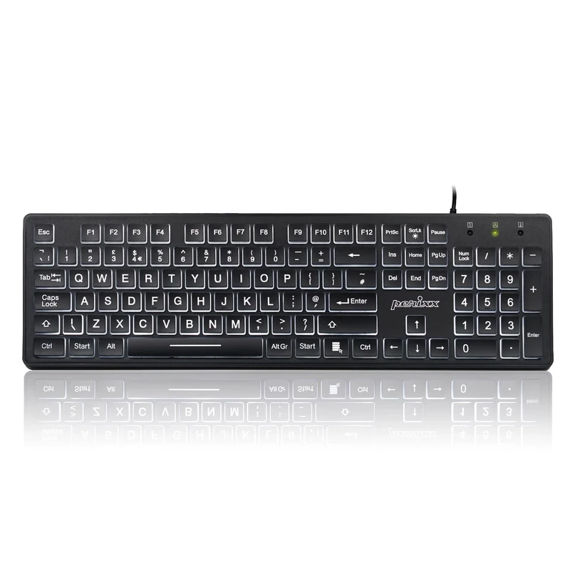 Perixx PERIBOARD-317 Wired USB Keyboard, White LED Backlit, Big Print Illuminated Keys, UK QWERTY, Black