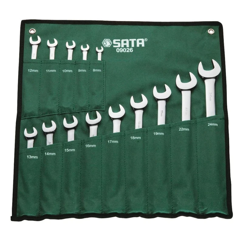 SATA ST09026SJ 14-Piece Metric Combination Wrench/Spanner Set, Polished, 8mm - 24 mm, in Durable Tool Roll