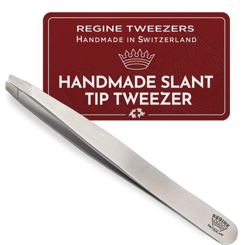 Regine Switzerland | Slant Tip Tweezers | 100% Handmade | Surgical Grade Stainless Steel | Professional Precision Eyebrow and Hair Remover | World's Best Tweezers
