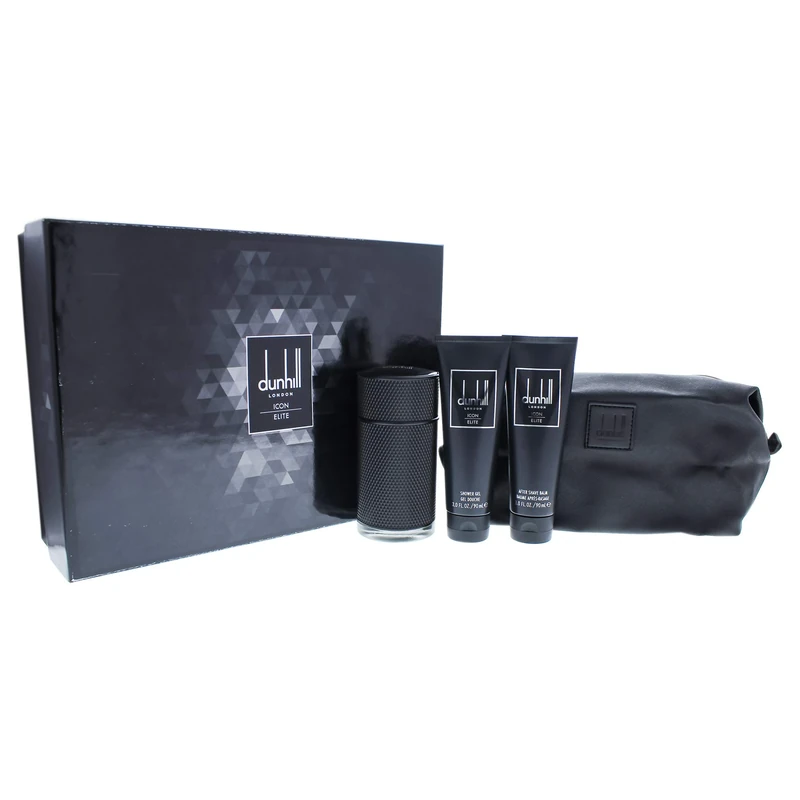 Dunhill Icon Elite For Men 4 Pc Gift Set 3.4Oz Edp Spray, 3Oz Shower Gel, 3Oz After Shave Balm, Pouch, Sandal Wood, Black Suede, 1427.0 gram
